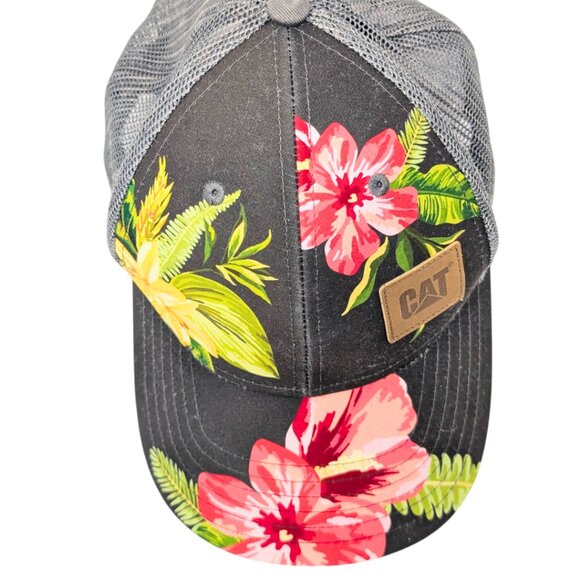 CAT Caterpillar Gray Hawaiian Print Mesh Snap Back Trucker Hat - Picture 2 of 8